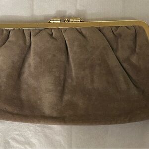 Vintage Velveteen Clutch Purse in light brown with gold-tone hardware
